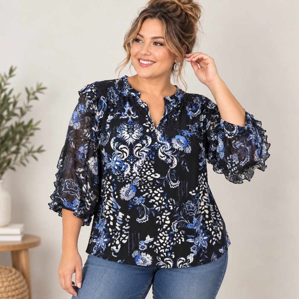 Cato Blouse Women 26/28W Blue Black Floral Ruffle Sheer Sleeve Smocked Plus NWT